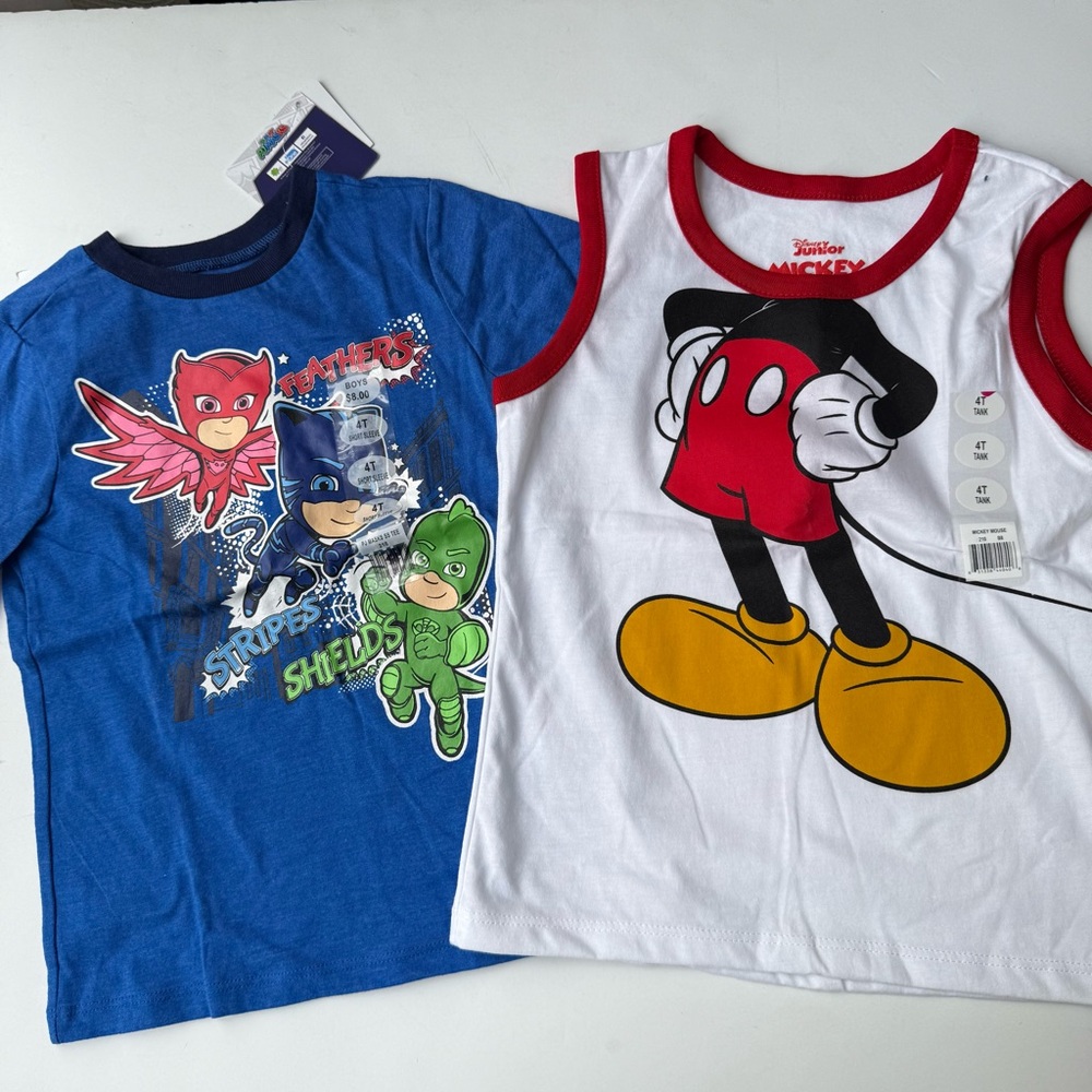 Lot of 2: NWT, New Boys 4T White Mickey Mouse Tank Top, Blue PJ Mask T-shirt FF2